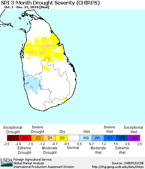 Sri Lanka SPI 3-Month Drought Severity (CHIRPS) Thematic Map For 10/1/2018 - 12/31/2018