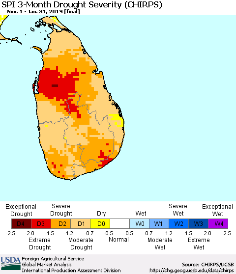 Sri Lanka SPI 3-Month Drought Severity (CHIRPS) Thematic Map For 11/1/2018 - 1/31/2019