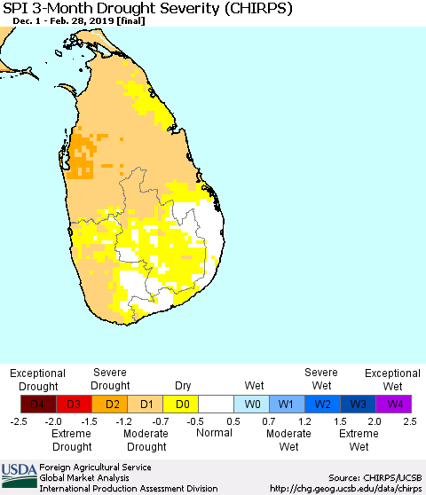 Sri Lanka SPI 3-Month Drought Severity (CHIRPS) Thematic Map For 12/1/2018 - 2/28/2019