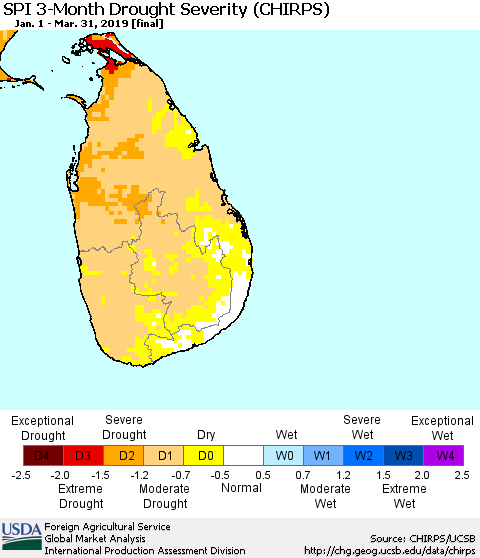 Sri Lanka SPI 3-Month Drought Severity (CHIRPS) Thematic Map For 1/1/2019 - 3/31/2019