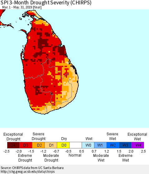 Sri Lanka SPI 3-Month Drought Severity (CHIRPS) Thematic Map For 3/1/2019 - 5/31/2019