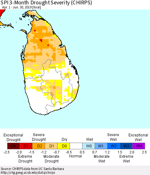 Sri Lanka SPI 3-Month Drought Severity (CHIRPS) Thematic Map For 4/1/2019 - 6/30/2019