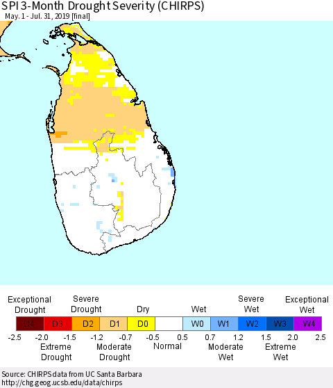 Sri Lanka SPI 3-Month Drought Severity (CHIRPS) Thematic Map For 5/1/2019 - 7/31/2019