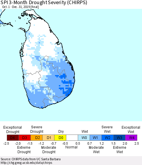 Sri Lanka SPI 3-Month Drought Severity (CHIRPS) Thematic Map For 10/1/2019 - 12/31/2019
