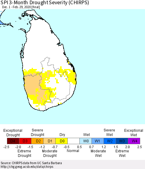 Sri Lanka SPI 3-Month Drought Severity (CHIRPS) Thematic Map For 12/1/2019 - 2/29/2020