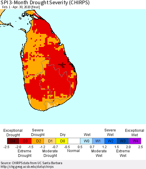 Sri Lanka SPI 3-Month Drought Severity (CHIRPS) Thematic Map For 2/1/2020 - 4/30/2020