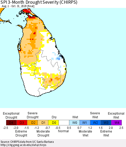 Sri Lanka SPI 3-Month Drought Severity (CHIRPS) Thematic Map For 8/1/2020 - 10/31/2020