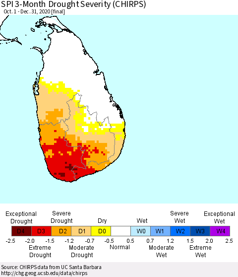 Sri Lanka SPI 3-Month Drought Severity (CHIRPS) Thematic Map For 10/1/2020 - 12/31/2020