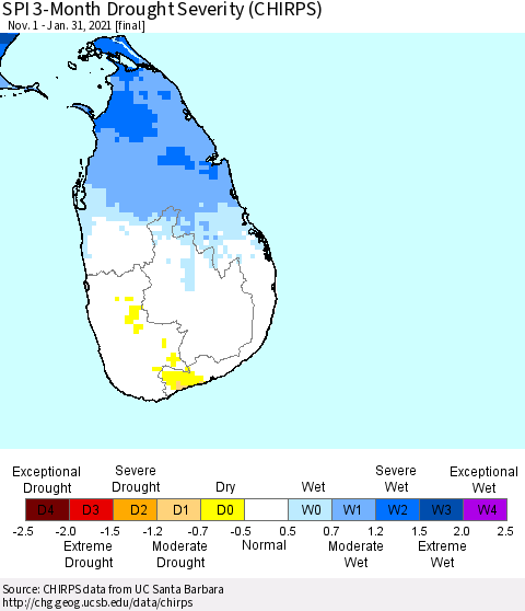 Sri Lanka SPI 3-Month Drought Severity (CHIRPS) Thematic Map For 11/1/2020 - 1/31/2021