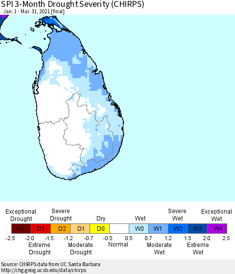 Sri Lanka SPI 3-Month Drought Severity (CHIRPS) Thematic Map For 1/1/2021 - 3/31/2021