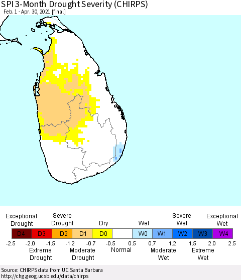 Sri Lanka SPI 3-Month Drought Severity (CHIRPS) Thematic Map For 2/1/2021 - 4/30/2021