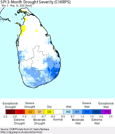 Sri Lanka SPI 3-Month Drought Severity (CHIRPS) Thematic Map For 3/1/2021 - 5/31/2021