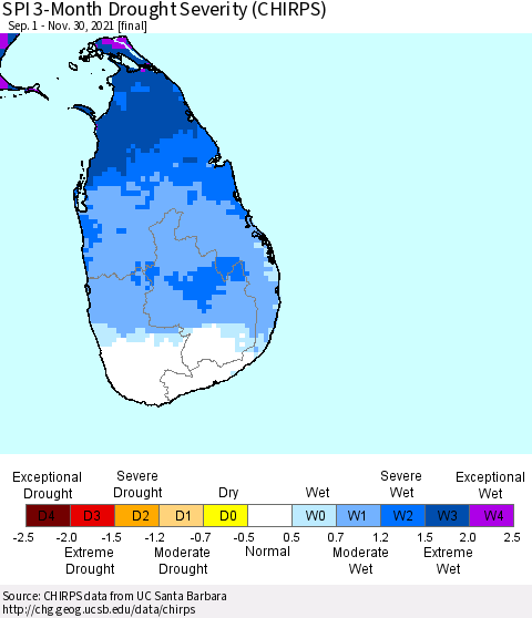 Sri Lanka SPI 3-Month Drought Severity (CHIRPS) Thematic Map For 9/1/2021 - 11/30/2021