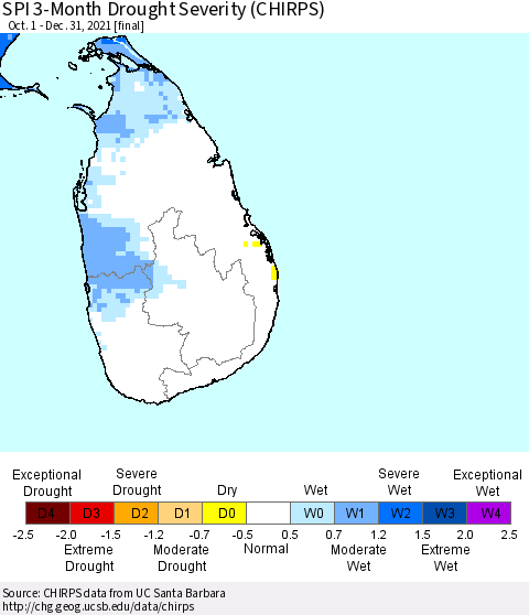 Sri Lanka SPI 3-Month Drought Severity (CHIRPS) Thematic Map For 10/1/2021 - 12/31/2021