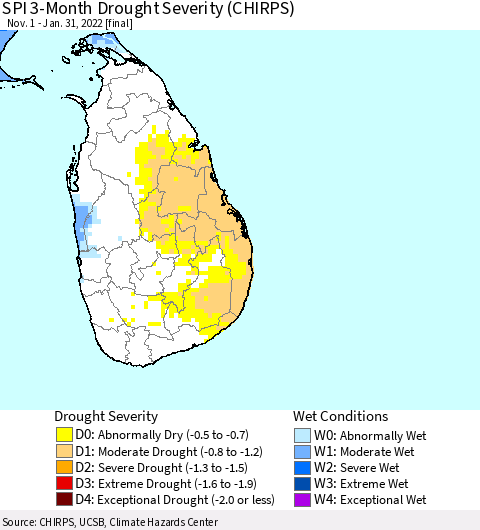 Sri Lanka SPI 3-Month Drought Severity (CHIRPS) Thematic Map For 11/1/2021 - 1/31/2022