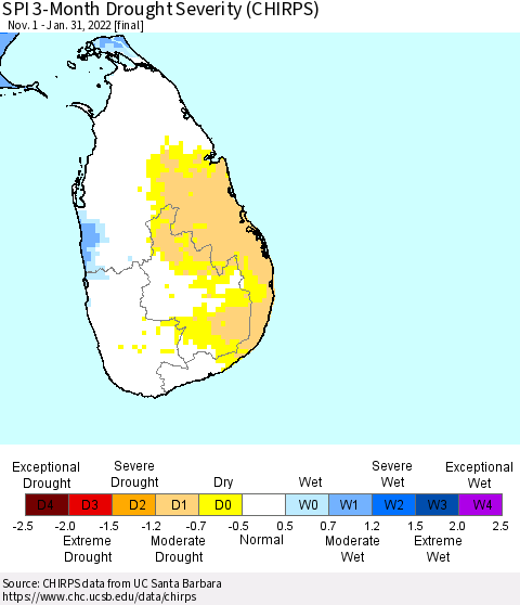 Sri Lanka SPI 3-Month Drought Severity (CHIRPS) Thematic Map For 11/1/2021 - 1/31/2022