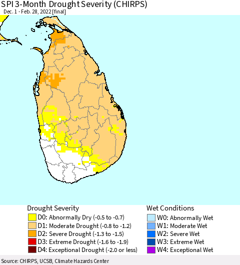 Sri Lanka SPI 3-Month Drought Severity (CHIRPS) Thematic Map For 12/1/2021 - 2/28/2022