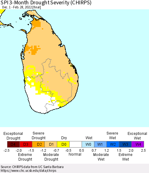Sri Lanka SPI 3-Month Drought Severity (CHIRPS) Thematic Map For 12/1/2021 - 2/28/2022