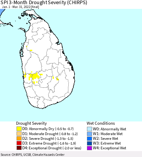 Sri Lanka SPI 3-Month Drought Severity (CHIRPS) Thematic Map For 1/1/2022 - 3/31/2022