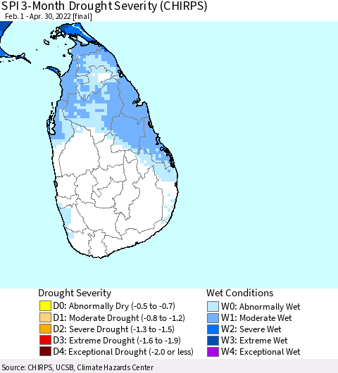 Sri Lanka SPI 3-Month Drought Severity (CHIRPS) Thematic Map For 2/1/2022 - 4/30/2022
