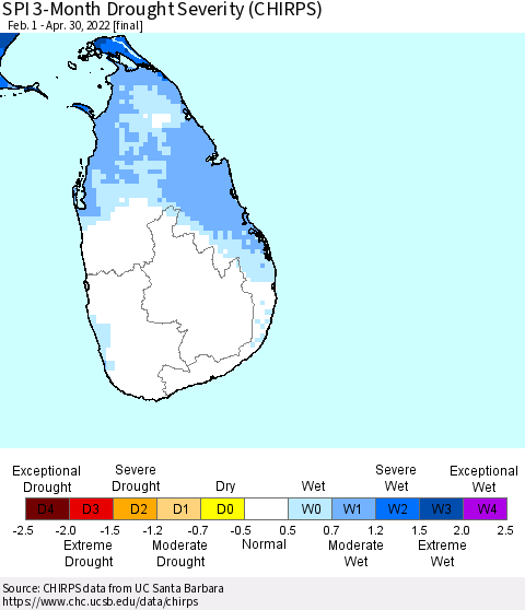 Sri Lanka SPI 3-Month Drought Severity (CHIRPS) Thematic Map For 2/1/2022 - 4/30/2022
