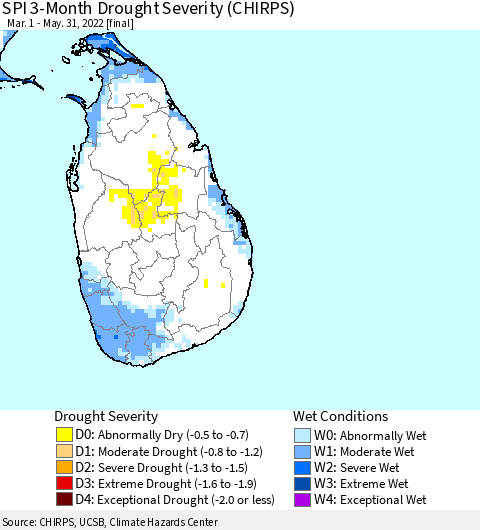 Sri Lanka SPI 3-Month Drought Severity (CHIRPS) Thematic Map For 3/1/2022 - 5/31/2022