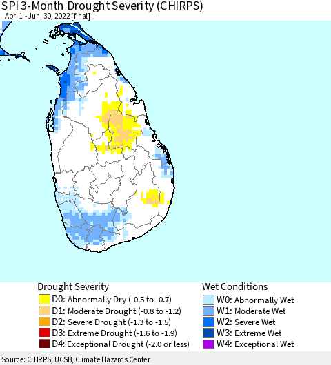 Sri Lanka SPI 3-Month Drought Severity (CHIRPS) Thematic Map For 4/1/2022 - 6/30/2022