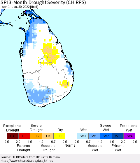Sri Lanka SPI 3-Month Drought Severity (CHIRPS) Thematic Map For 4/1/2022 - 6/30/2022