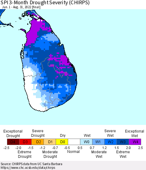Sri Lanka SPI 3-Month Drought Severity (CHIRPS) Thematic Map For 6/1/2022 - 8/31/2022
