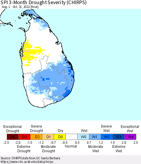 Sri Lanka SPI 3-Month Drought Severity (CHIRPS) Thematic Map For 8/1/2022 - 10/31/2022