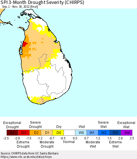Sri Lanka SPI 3-Month Drought Severity (CHIRPS) Thematic Map For 9/1/2022 - 11/30/2022