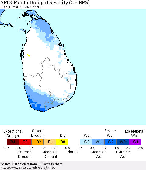 Sri Lanka SPI 3-Month Drought Severity (CHIRPS) Thematic Map For 1/1/2023 - 3/31/2023