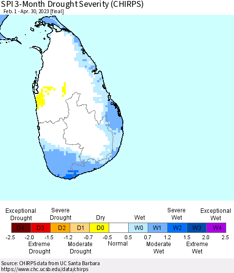 Sri Lanka SPI 3-Month Drought Severity (CHIRPS) Thematic Map For 2/1/2023 - 4/30/2023