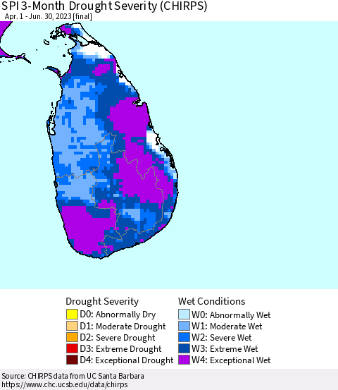 Sri Lanka SPI 3-Month Drought Severity (CHIRPS) Thematic Map For 4/1/2023 - 6/30/2023