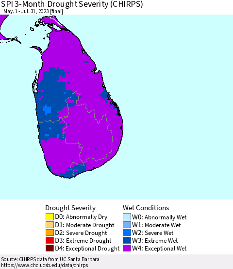 Sri Lanka SPI 3-Month Drought Severity (CHIRPS) Thematic Map For 5/1/2023 - 7/31/2023