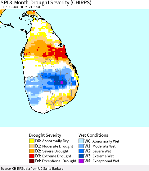 Sri Lanka SPI 3-Month Drought Severity (CHIRPS) Thematic Map For 6/1/2023 - 8/31/2023