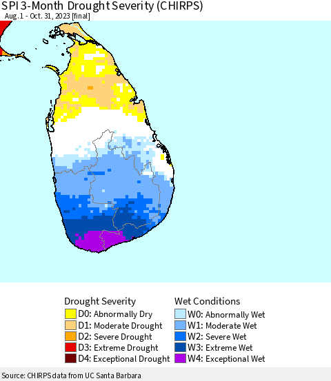 Sri Lanka SPI 3-Month Drought Severity (CHIRPS) Thematic Map For 8/1/2023 - 10/31/2023