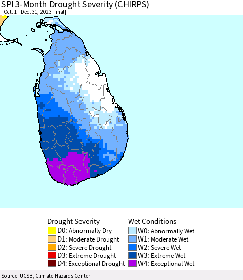 Sri Lanka SPI 3-Month Drought Severity (CHIRPS) Thematic Map For 10/1/2023 - 12/31/2023