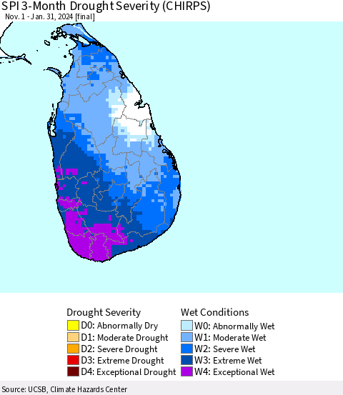 Sri Lanka SPI 3-Month Drought Severity (CHIRPS) Thematic Map For 11/1/2023 - 1/31/2024