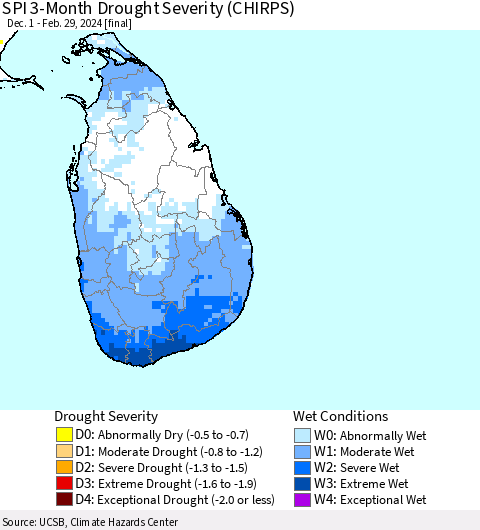Sri Lanka SPI 3-Month Drought Severity (CHIRPS) Thematic Map For 12/1/2023 - 2/29/2024