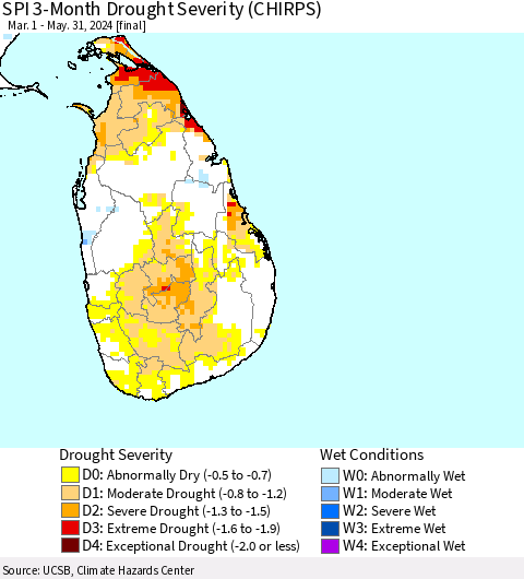 Sri Lanka SPI 3-Month Drought Severity (CHIRPS) Thematic Map For 3/1/2024 - 5/31/2024