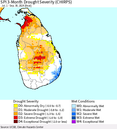 Sri Lanka SPI 3-Month Drought Severity (CHIRPS) Thematic Map For 7/1/2024 - 9/30/2024