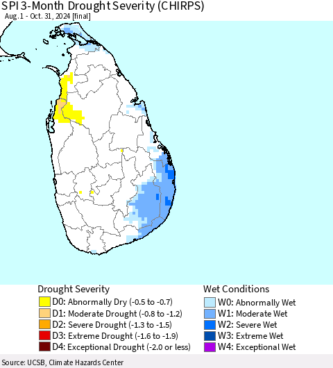 Sri Lanka SPI 3-Month Drought Severity (CHIRPS) Thematic Map For 8/1/2024 - 10/31/2024