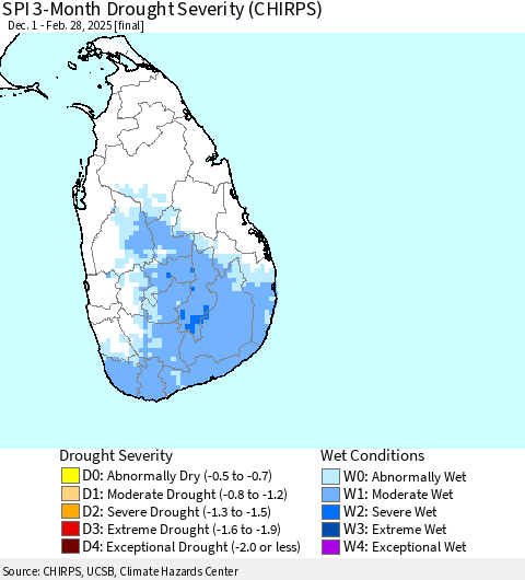 Sri Lanka SPI 3-Month Drought Severity (CHIRPS) Thematic Map For 12/1/2024 - 2/28/2025