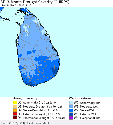 Sri Lanka SPI 3-Month Drought Severity (CHIRPS) Thematic Map For 1/1/2025 - 3/31/2025