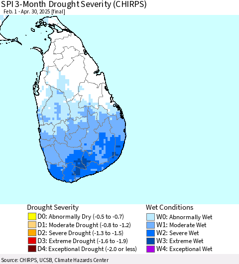 Sri Lanka SPI 3-Month Drought Severity (CHIRPS) Thematic Map For 2/1/2025 - 4/30/2025