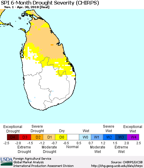 Sri Lanka SPI 6-Month Drought Severity (CHIRPS) Thematic Map For 11/1/2017 - 4/30/2018