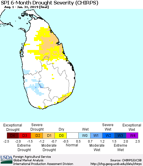 Sri Lanka SPI 6-Month Drought Severity (CHIRPS) Thematic Map For 8/1/2018 - 1/31/2019
