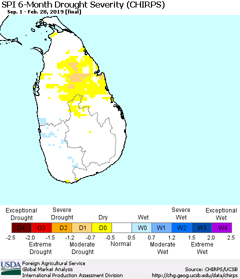 Sri Lanka SPI 6-Month Drought Severity (CHIRPS) Thematic Map For 9/1/2018 - 2/28/2019
