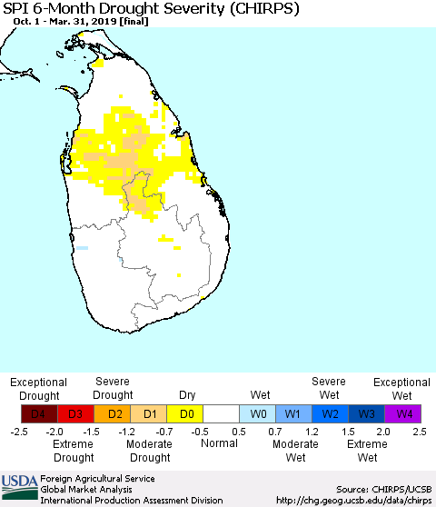 Sri Lanka SPI 6-Month Drought Severity (CHIRPS) Thematic Map For 10/1/2018 - 3/31/2019